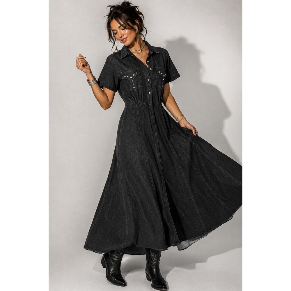 Vintage 70s Black Denim Western Swing Dress Studded Button Front Rockabilly M